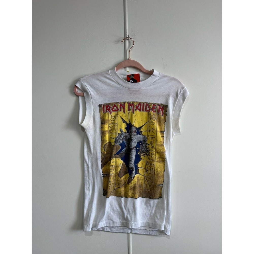 VTG Iron Maiden World Slavery Tour Shirt XS White PCV Sleeveless Tee T-Shirt 80s